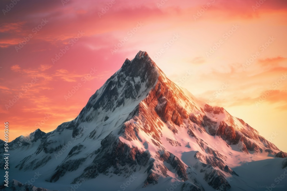 Snow-covered mountain peak, stretching upwards towards the sky and bathed in the warm glow of a sunrise. Generative AI
