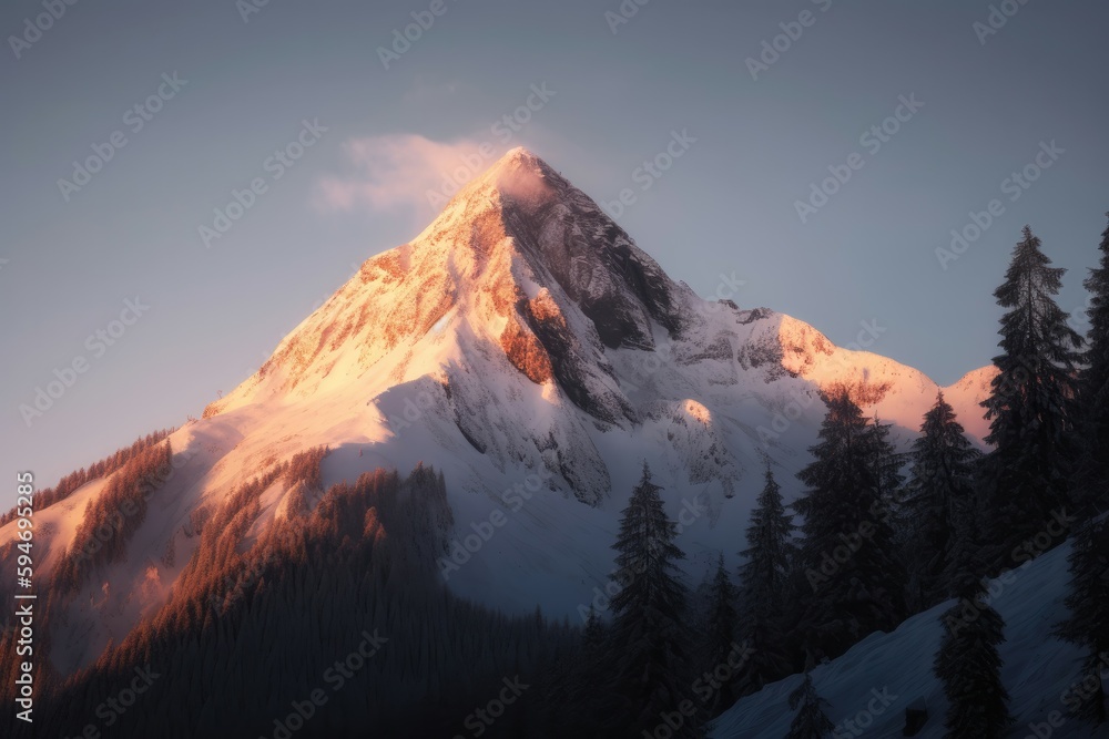 Snow-covered mountain peak, stretching upwards towards the sky and bathed in the warm glow of a sunrise. Generative AI