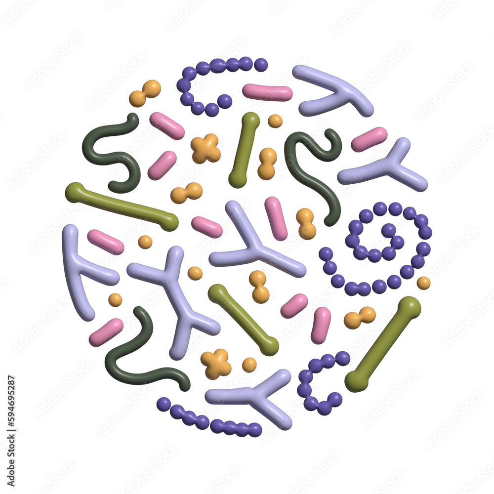 3d render Concept of probiotics in round shape. Bifidobacterium, lactobacillus, streptococcus thermophilus, lactococcus, propionibacterium. Simple Volume illustration for Brochure, poster, advertising 3d render Concept of probiotics in round shape. Bifidobacterium, lactobacillus, streptococcus thermophilus, lactococcus, propionibacterium. Simple Volume illustration for Brochure, poster, advertising