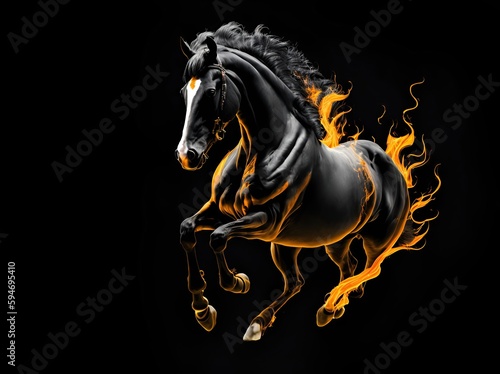 horse that is on fire on a black background. ai generative