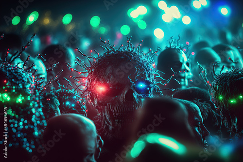 Zombies with scary faces in the crowd during the zombie apocalypse. Horror theme for Halloween or game party ad. Generated AI.