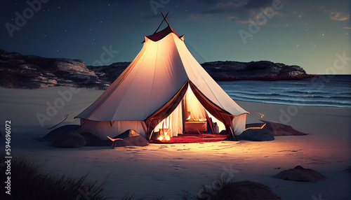 Glamorous camping. Glamping in the beautiful beach. Ai generated image