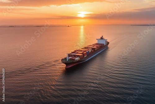 Aerial view of a cargo ship under a sunset. Generative AI