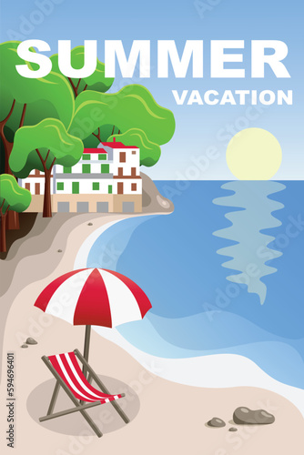Seascape. Summer vacation. Beach chair and umbrella on the beach. Vacation and travel concept.