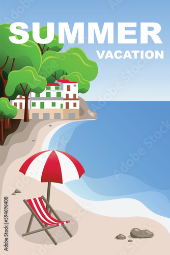 Seascape. Summer vacation. Beach chair and umbrella on the beach. Vacation and travel concept.