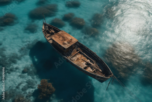 Abandoned boat in the sea. Generative AI © Dantaz