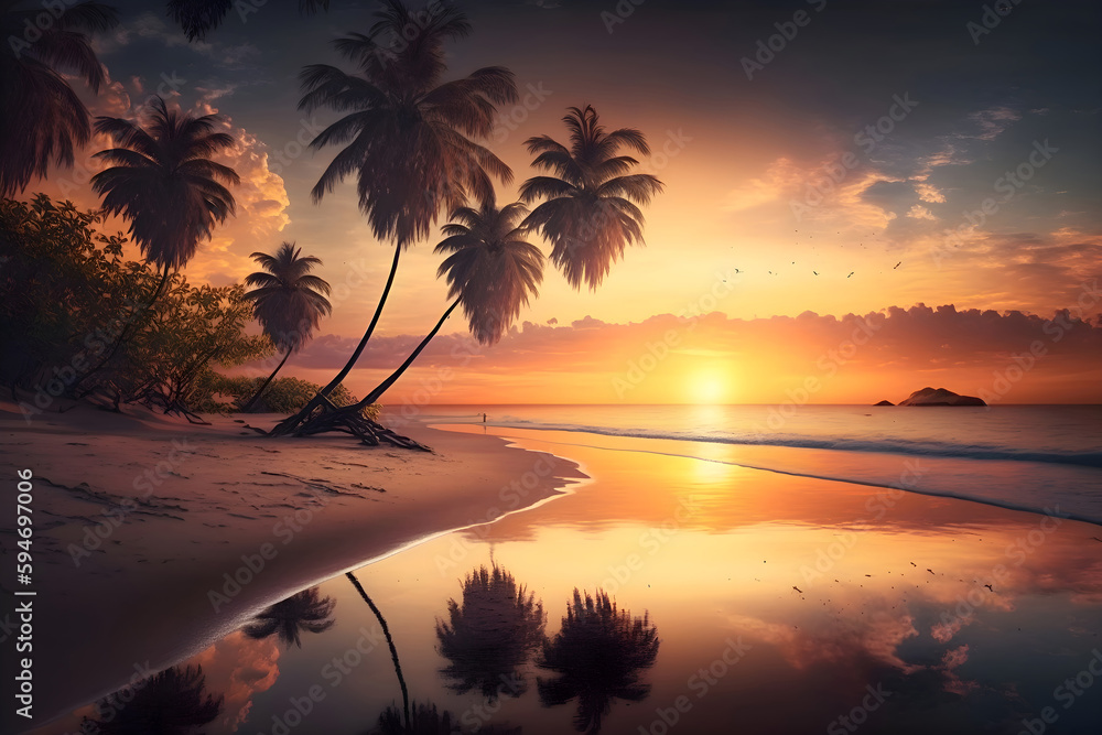 Beautiful  sunset through the palm trees over the tropical beach.