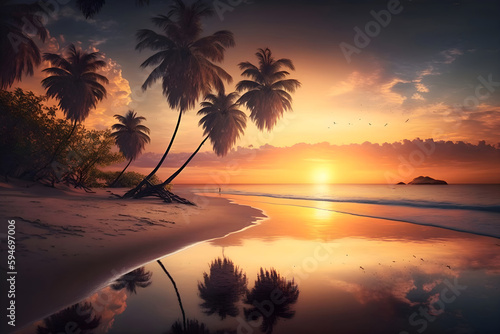 Beautiful sunset through the palm trees over the tropical beach.