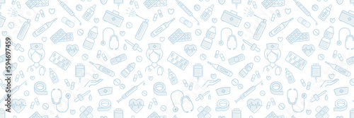 Medical seamless pattern in white and light blue colors. Minimal flat line medical and healthy related icons. Vector horizontal illustration.