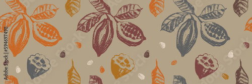 Vector Cocoa beans seamless pattern. Hand drawn Cacao beans background for chocolate packaging ornament or powder. Old fashioned cocoa plant illustrations for Bean to Bar label. Organic cacao butter.