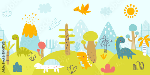 Cute jurassic landscape with funny dino. Scandinavian print with prehistorical panorama for baby wall art.