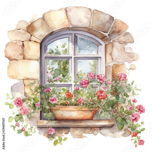 Watercolor illustration of Vintage Stone Window decorated with Flower.