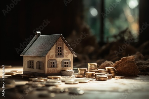 Building Wealth: House and Coin Stack - A Savings Concept, Wooden Fortune: Saving for Your Dream House with Coin Stacks, generative ai