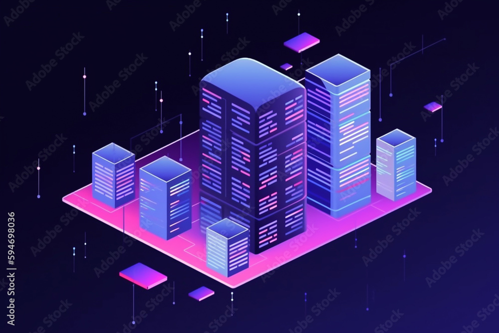 Cloud storage for downloading. A digital service or application with data transmission. Network computing technologies. Futuristic Server. Digital space. Data storage. Vector Isometric illustration.