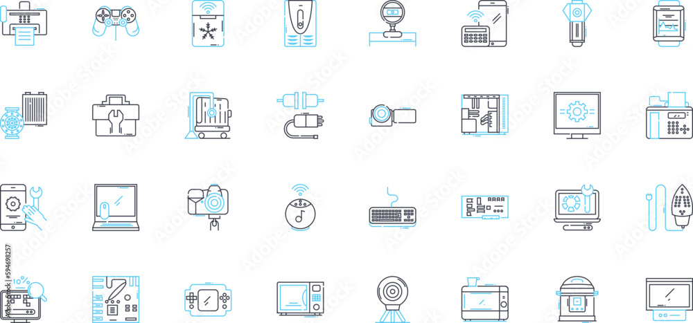 Computer gear linear icons set. Keyboard, Mouse, Monitor, CPU, Graphics, Motherboard, RAM line vector and concept signs. Harddrive,Power,Case outline illustrations