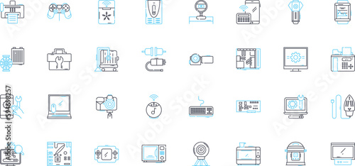 Computer gear linear icons set. Keyboard, Mouse, Monitor, CPU, Graphics, Motherboard, RAM line vector and concept signs. Harddrive,Power,Case outline illustrations