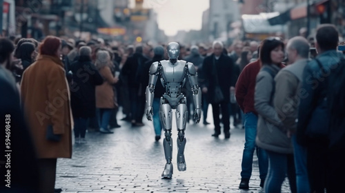 futuristic male robot walking on street among the crowd against blurred background. artificial intelligence concept
