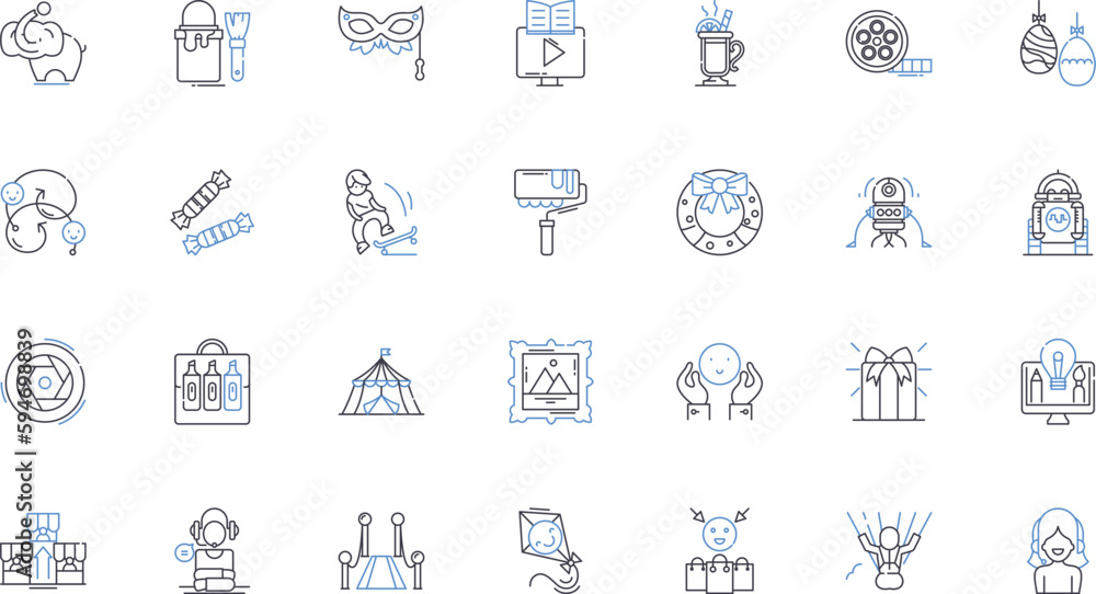 Fototapeta premium Leisure line icons collection. Relaxation, Recreation, Fun, Enjoyment, Play, Adventure, Hobbies vector and linear illustration. Entertainment,Amusement,Gaming outline signs set