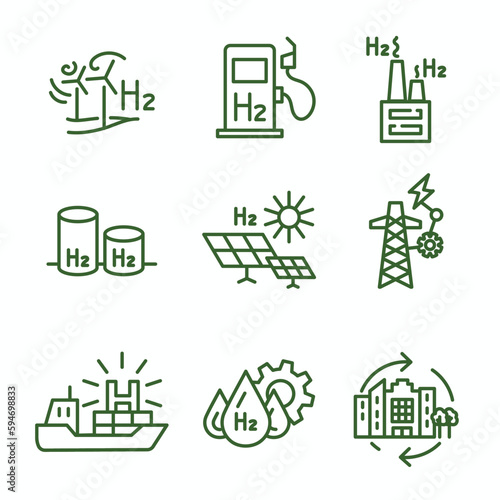 Clean Hydrogen Production as Green Energy Icon Set