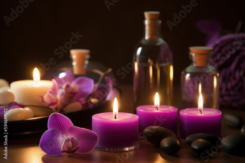 Candles and flowers with a purple orchid on the table Generative AI