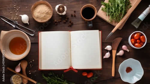 Cooking Adventures: Kitchen Table with Ingredients and an Empty Cookbook