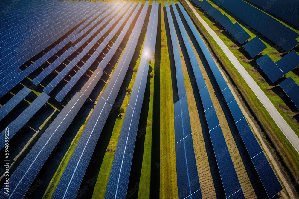 Aerial view of solar panels on a sunny day. power farm producing clean energy, AI generated