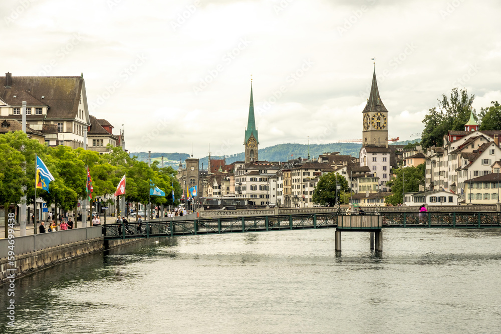 Scenic view of historic Zurich city center with river Limmat at Lake Zurich, Switzerland