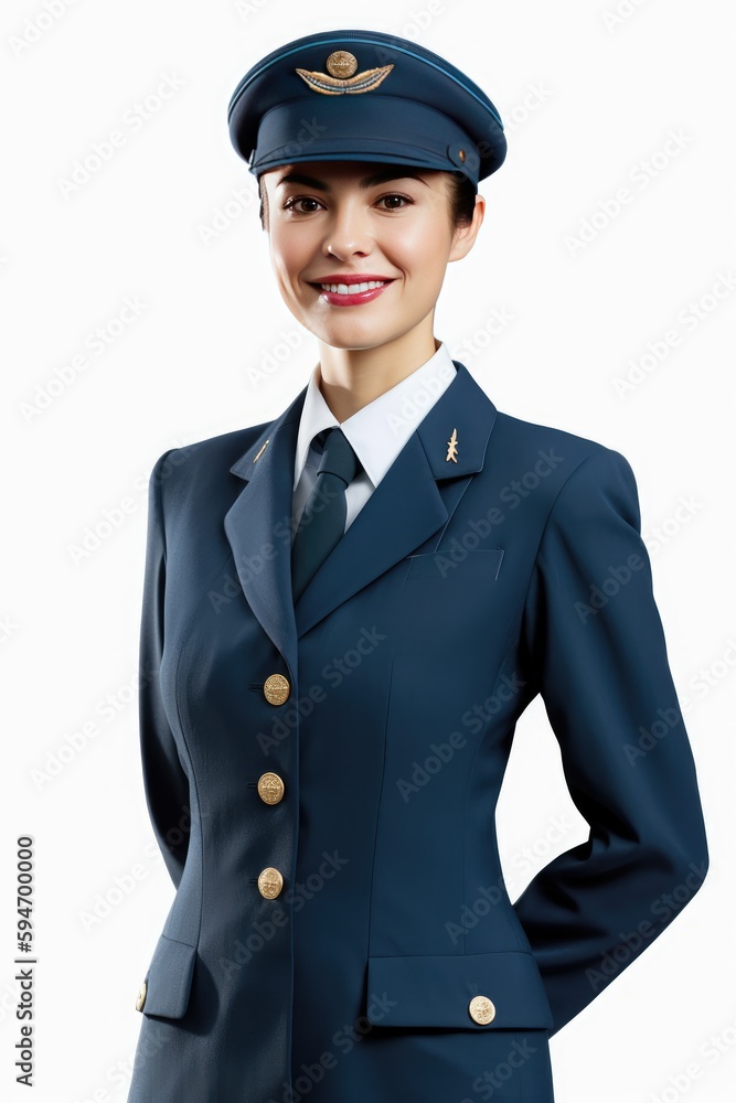 Beautiful and positive female air hostess at work. smiling, isolated on white background, generative AI Beautiful and positive female air hostess at work. smiling, isolated on white background, generative AI
