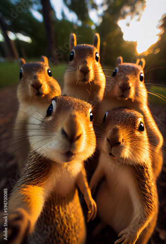 A flock of squirrels look at the camera and take a selfie in nature. AI Generated
