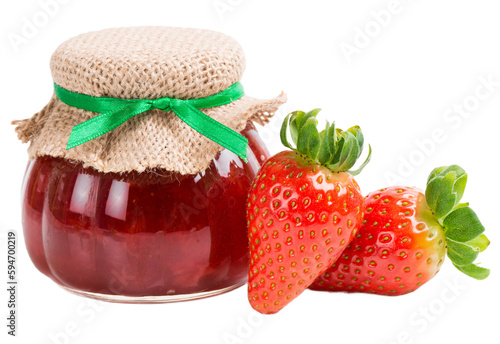strawberry jam in glass jar  isolated on a transparent background	 photo