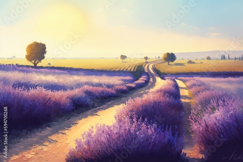 Lavender fields, Endless purple waves of fragrant flowers, countryside on a sunny day, generative AI
