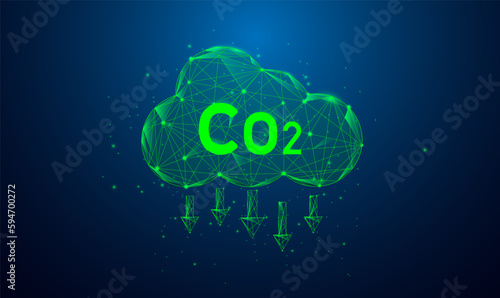 Reduce CO2 emission carbon and reduction gas greenhouse concept in wireframe light low polygon style for environmental and green business based on renewable energy and net zero