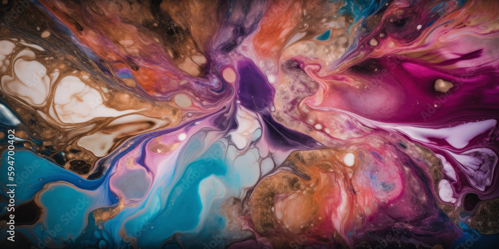 Captivating Aerial of Colorful Marble with Meticulous Detail and Organic Fluidity in Soft Watercolors and Gold Paint, Generative AI