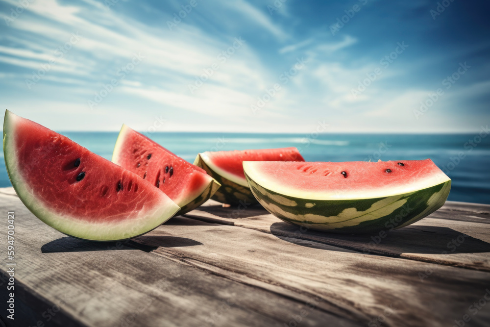 Watermelon on wood table at beach background. Summer vacation and food concept. Generative ai. Watermelon on wood table at beach background. Summer vacation and food concept. Generative ai.