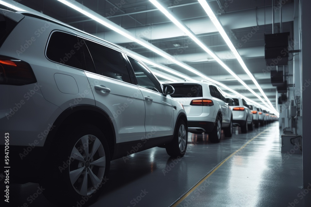 Row of modern white SUV cars in a modern car factory, with a clean and bright Row of modern white SUV cars in a modern car factory, with a clean and bright