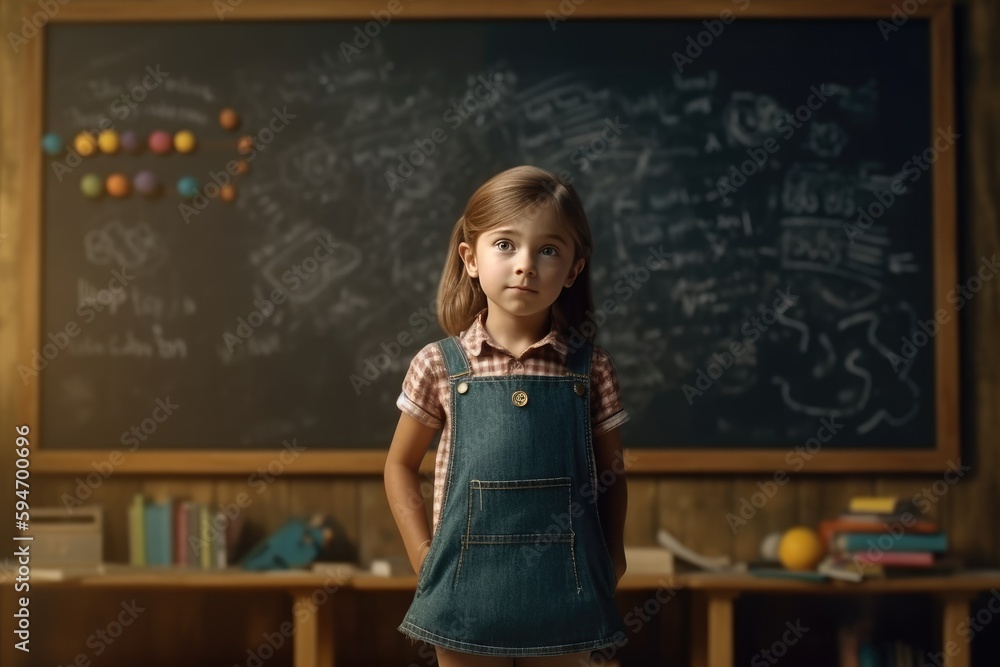 Cute happy kid student standing in classroom, education concept, AI generated Cute happy kid student standing in classroom, education concept, AI generated
