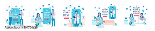 Telehealth, telemedicine, online doctor, online clinic and medical service online. Healthcare, medical, telemedicine, Telehealth concept. Patient consultation. Hand draw style. Vector illustration.
