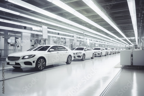 Row of modern white cars in a modern car factory, with a clean and bright © Nattawat