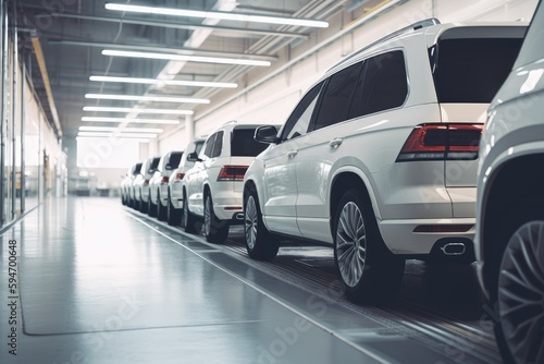 Row of modern white SUV cars in a modern car factory, with a clean and bright © Nattawat