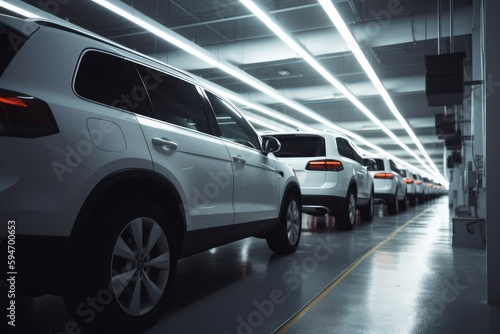 Row of modern white SUV cars in a modern car factory, with a clean and bright