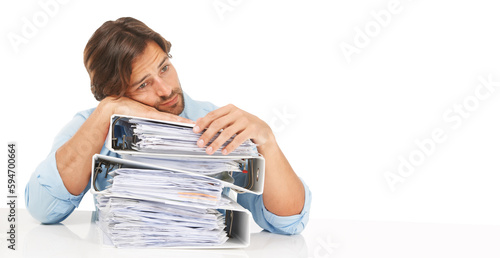 Принти на полотні Accounting, thinking and man with stack of folders isolated on transparent png background