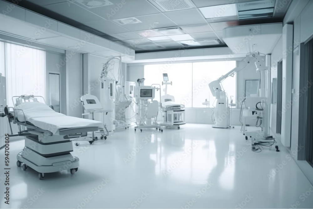 Operating room in a modern clinic with computer equipment, high-tech, sterile, futuristic, medical Operating room in a modern clinic with computer equipment, high-tech, sterile, futuristic, medical
