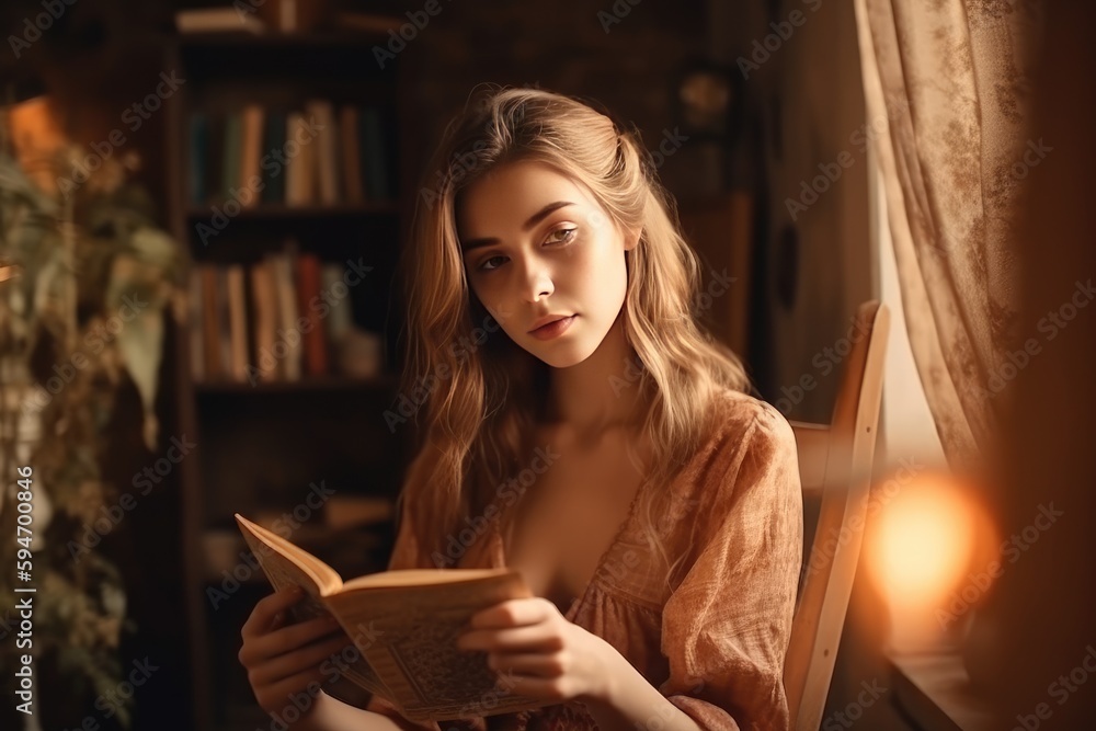 Woman reading novel book at home, cozy, relaxed, generative AI Woman reading novel book at home, cozy, relaxed, generative AI