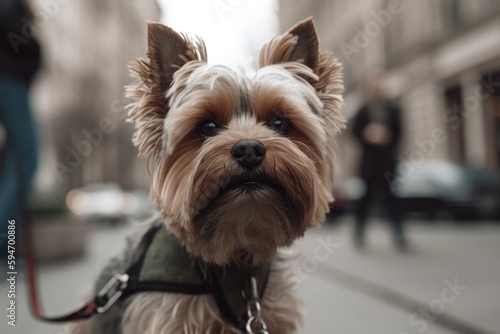 Dog walking in the city with its owner, generative AI © Nattawat