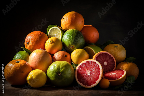 Citrus Fruits Still Life. Generative AI. A digital painting of a pile of cut and uncut citrus fruits.