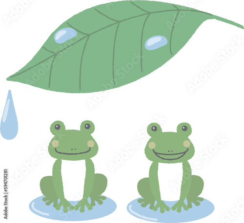 葉っぱの下の可愛い2匹のかえる
