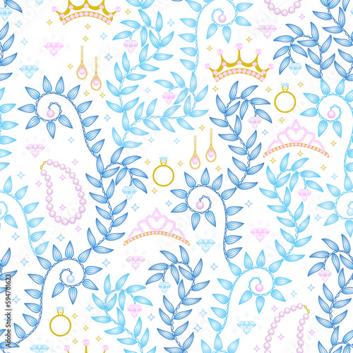 jewels seamless pattern. royal print. crown, tiara, earrings, ring, necklace, pearl, gold, diamond. jewelry pattern. good for fabric, wallpaper, fashion design, background, backdrop, textile.