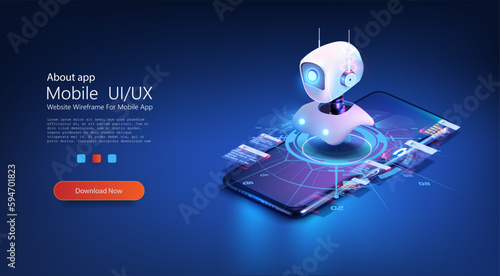 Cute neon cartoon robot. AI Content Generator. Chatbot technology, isometric.  AI chatbot based on artificial intelligence and neural networks. Artificial intelligence in science and business. Vector