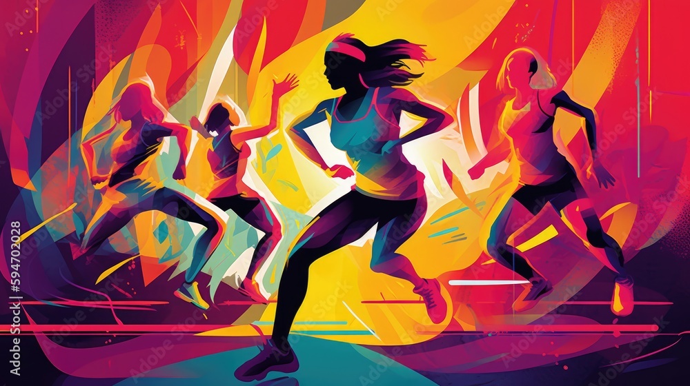 A successful fitness trainer leading a high-energy group workout in a vibrant and colorful fitness studio. Generative AI. 