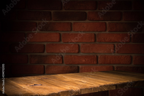 Empty wooden table and blurred cafe background, product display. High quality photo